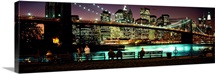 Suspension bridge lit up at dusk, Brooklyn Bridge, East River, Manhattan, New York City, New York State