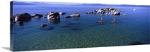 Two women paddle boarding in a lake, Lake Tahoe, California