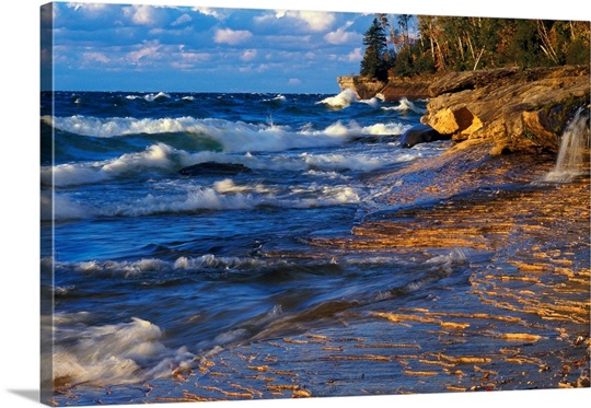 Waves along Lake Michigan shoreline, sunset light, Miners Beach, Michigan