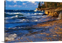 Waves along Lake Michigan shoreline, sunset light, Miners Beach, Michigan