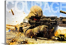 Air Force Grunge Poster: Courage. U.S. Air Force soldier fires the Mk48 gun