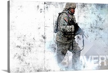 Military Grunge Poster: Bravery. A soldier races through a smoke screen