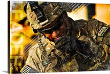 Military Grunge Poster: Leaders. U.S. Army soldier communicates to his crew on his radio