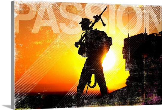 Military Grunge Poster: Passion. A machine gunner prepares to load