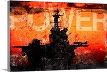 Military Grunge Poster: Power. The setting sun silhouettes the  USS Makin Island