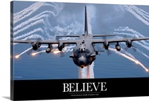Military Poster: An AC-130H Gunship aircraft jettisons flares as a countermeasure