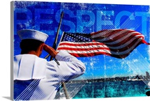 Motivational Grunge Poster: Respect. A sailor salutes the American flag