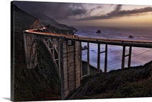 Car Trails at sunset on the Bixby Bridge, Big Sur, California