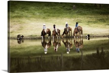 Cowboys and cowgirls on horseback by lake at sunset