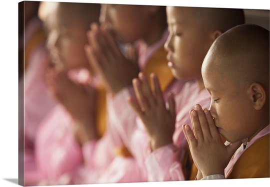 Young nuns praying together in their monastery in Burma
