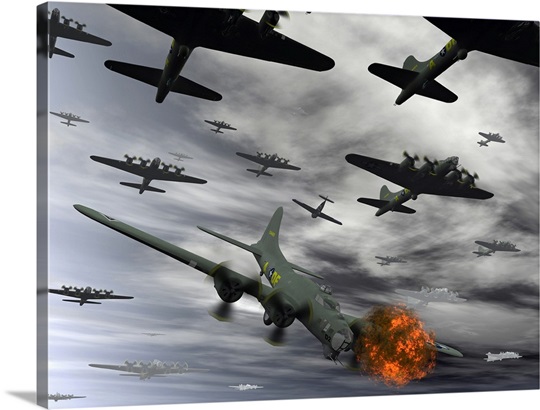 A B-17 Flying Fortress is set ablaze by a German Interceptor Fighter Plane