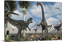 A carnivorous Allosaurus confronts a giant Diplodocus herbivore