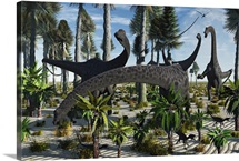 A herd of Diplodocus dinosaurs feeding on plants