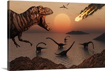 A mighty T. Rex roars from overhead as a giant fireball falls from the sky