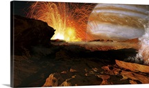 A scene on Jupiters moon, Io, the most volcanic body in the solar system
