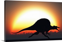 A silhouetted Spinosaurus sprinting against a setting set at the end of a Jurassic day