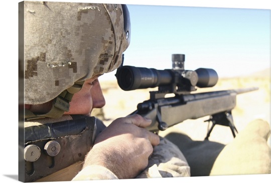 A soldier aims in with his M40A3 Scout Sniper Rifle