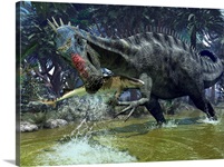 A Suchomimus snags a shark from a lush estuary
