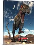 A Tyrannosaurus Rex about to crush a Cadillac with his feet