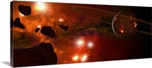 A young ringed planet with glowing lava and asteroids in the foreground