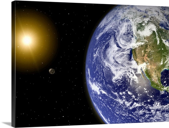 Digitally enhanced planet Earth with hypothetical waterbearing moons