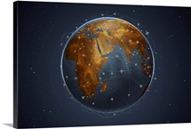 Digitally generated image of airline flight paths around the globe
