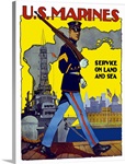 Digitally restored vector war propaganda poster. U.S. Marines, Service On Land And Sea