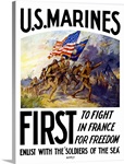 Digitally restored vector war propaganda poster. US Marines, First To Fight In France