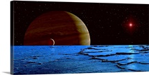 Jupiter and its moon Lo as seen from the frozen surface of Jupiters moon Europa
