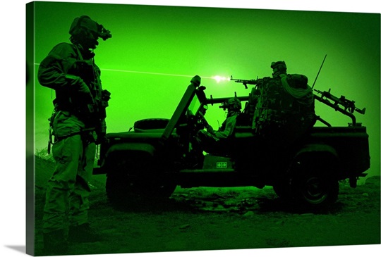 Night vision view of U.S. Special Forces on patrol