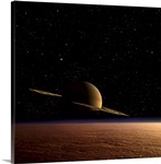Saturn floats in the background above Titan