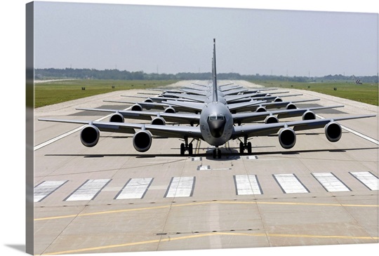 Six KC135 Stratotankers demonstrate the elephant walk formation