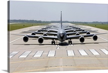 Six KC135 Stratotankers demonstrate the elephant walk formation