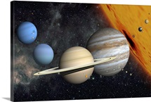 The planets and larger moons to scale with the Sun