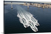 US Navy patrol boats conduct operations near the Coronado Bay Bridge in San Diego