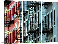 Windows and emergency stairs in New York City.