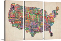 United States Cities Text Map, Multicolor on Parchment