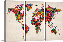 World Map Hearts, Multicolor on Parchment