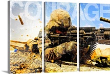 Air Force Grunge Poster: Courage. U.S. Air Force soldier fires the Mk48 gun