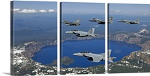A five-ship aircraft formation flies over Crater Lake, Oregon