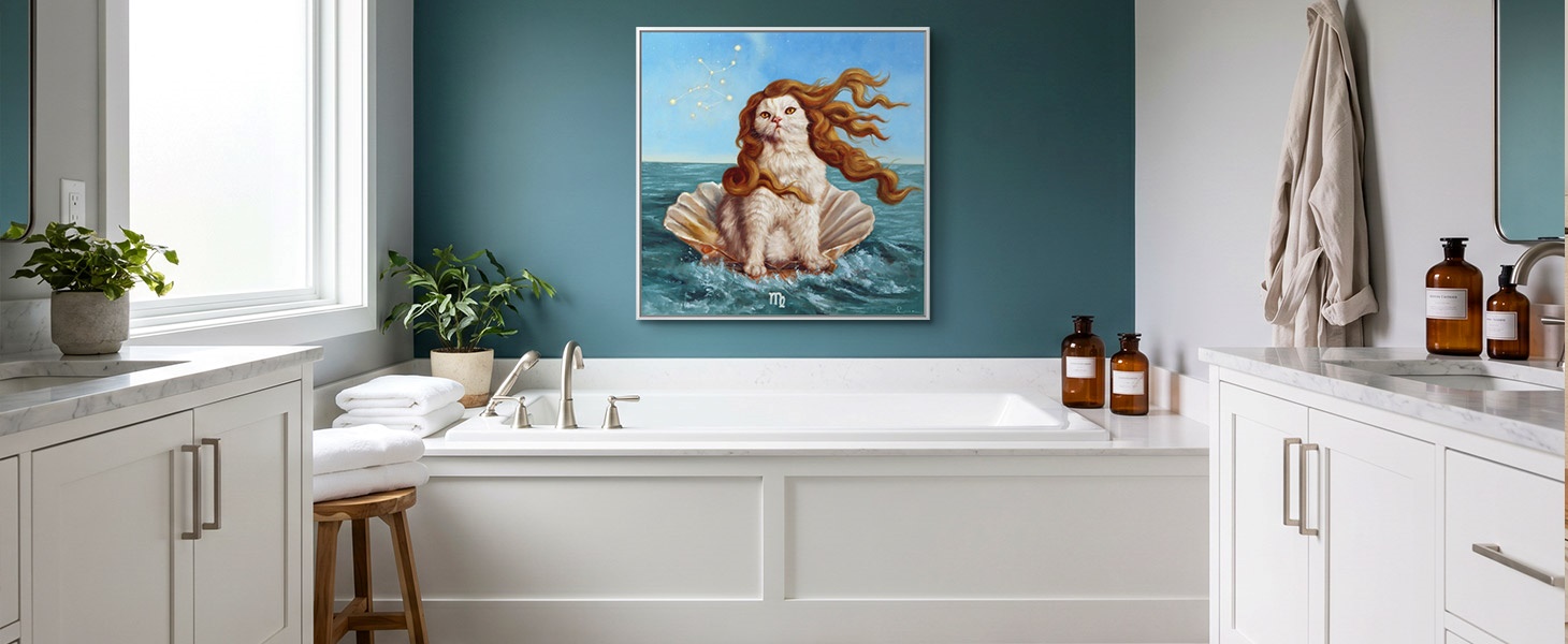 floating framed canvas print of a cat parody of The Birth of Venus in a contemporary bathroom