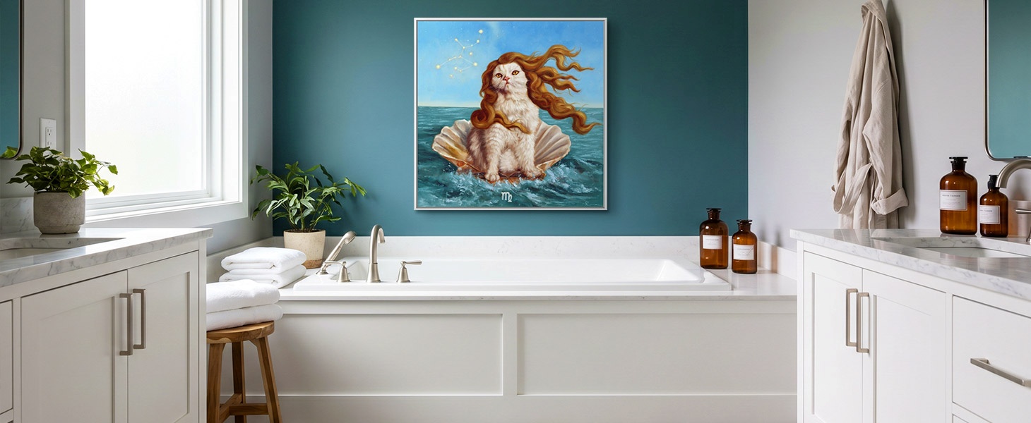 floating framed canvas print of a cat parody of The Birth of Venus in a contemporary bathroom