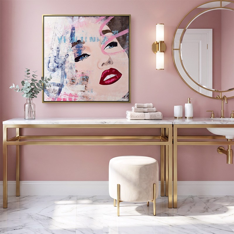 floating framed canvas print of a abstract portrait of a woman in a pink bathroom