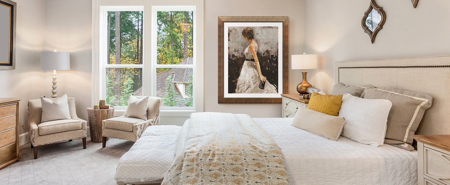framed print of a painting of a woman in a contemporary bedroom