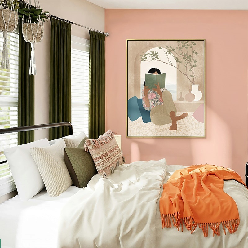 Floating framed canva print of neutral abstract minimalist print in a modern dining room