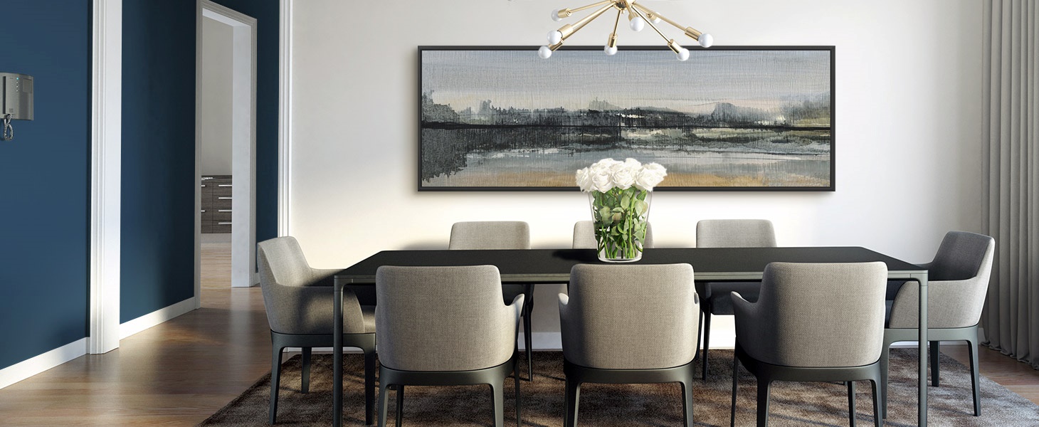 floating framed canvas print of abstract landscape in a modern dining room 