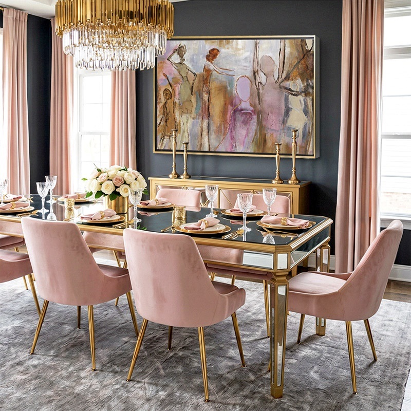 gold floating frame canvas print of abstract artwork of figures in a glam dining room