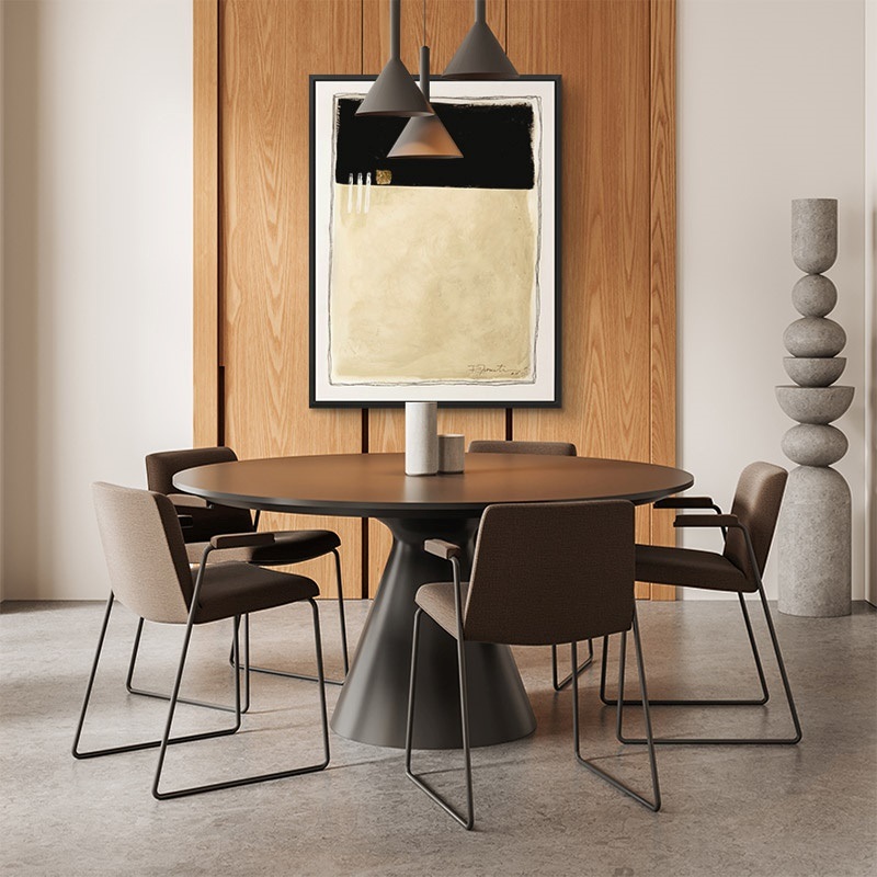 Floating framed canva print of neutral abstract minimalist print in a modern dining room