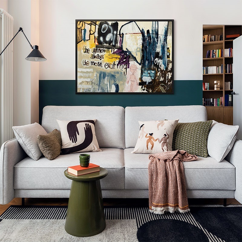 floating frame canvas print of an abstract painting in a contemporary living room