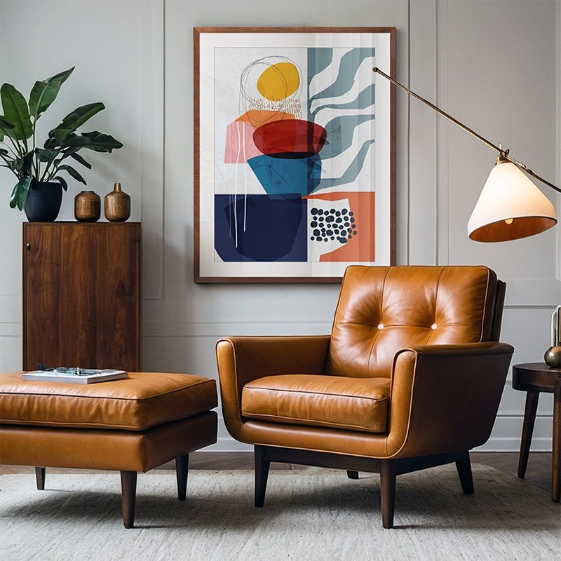 Framed print of mid-century inspired abstract art in a living room